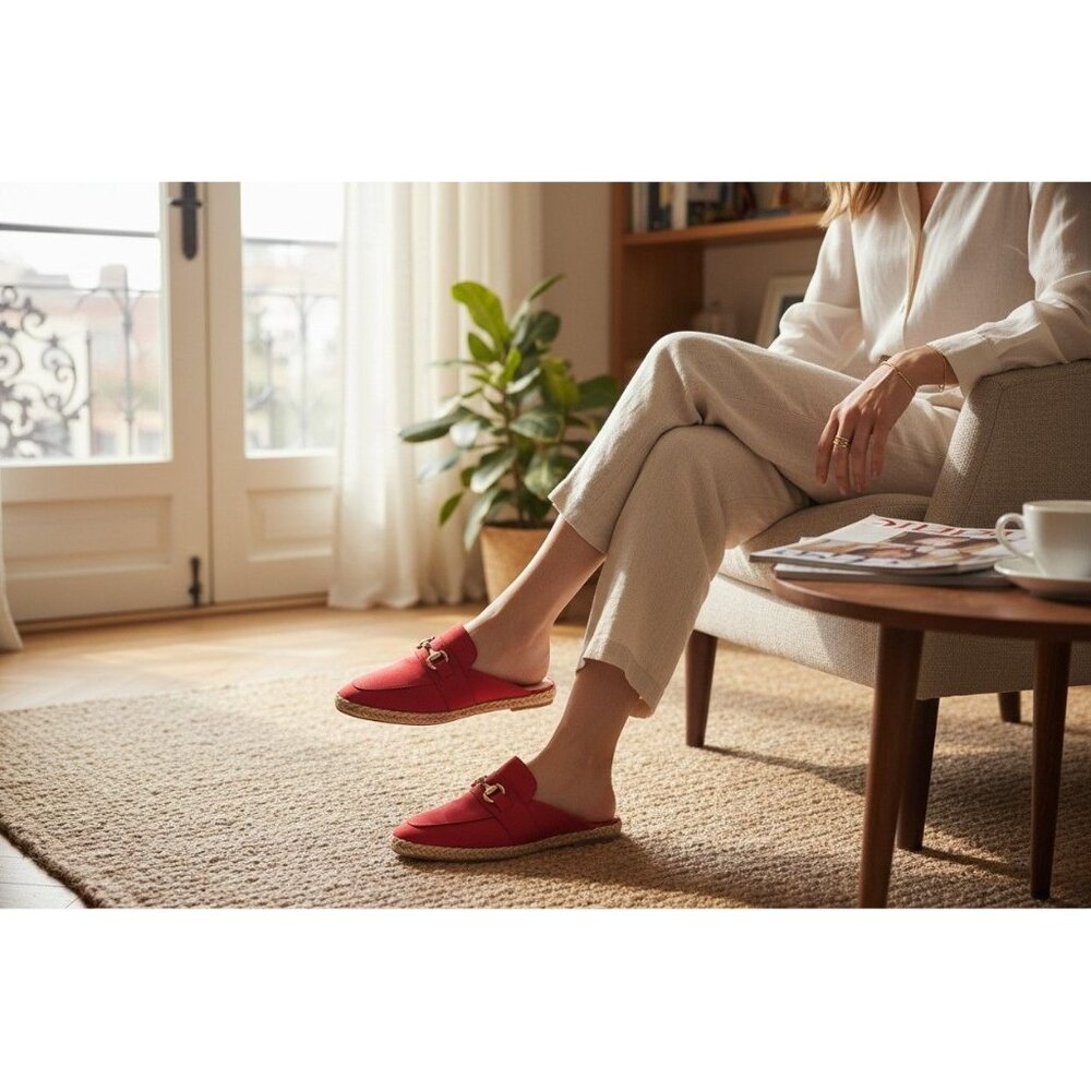 Andre Assous Red Espadrille Mule Loafers W/ Gold Buckle Detail -8M